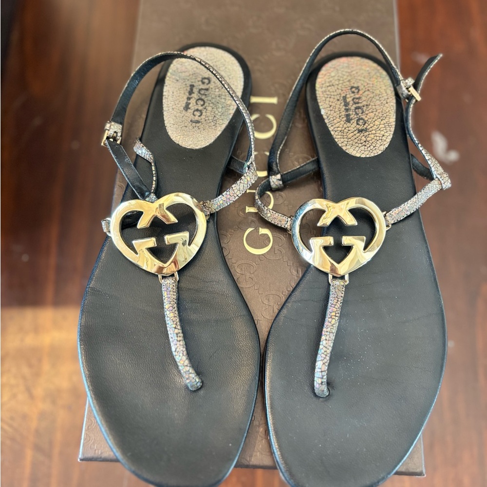 Gucci Black Sandals with Gold Heart Accents